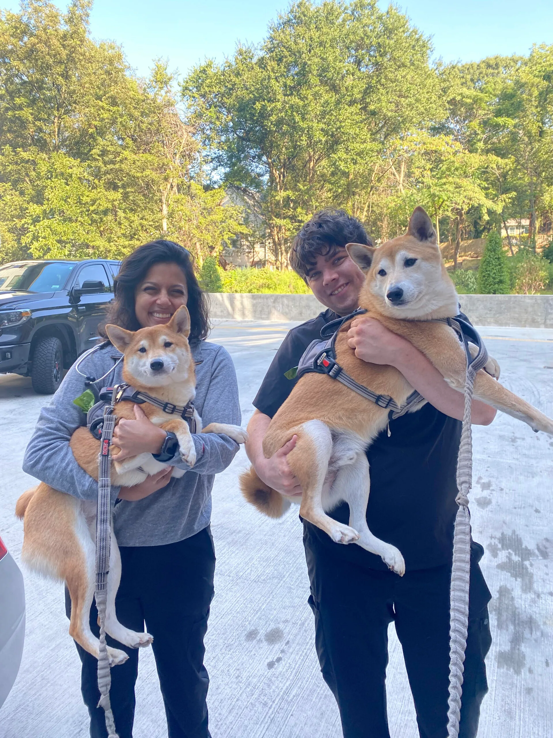 2ppl-holding dogs